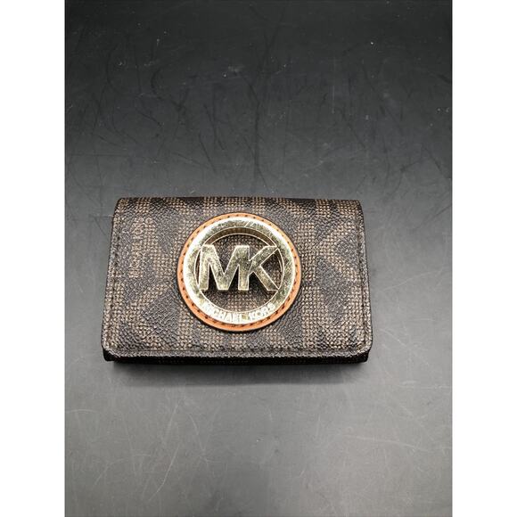 Michael Kors MK Logo Leather Card Case Wallet Brown With MK Pattern 2 Slots - Picture 2 of 9